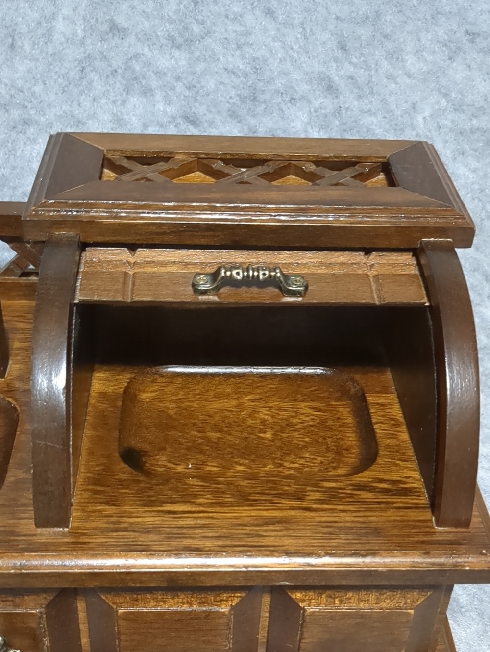 Vintage Wooden Jewelry Box Desk Organizer Roll-Top Velvet Storage Drawer - Picture 3 of 14